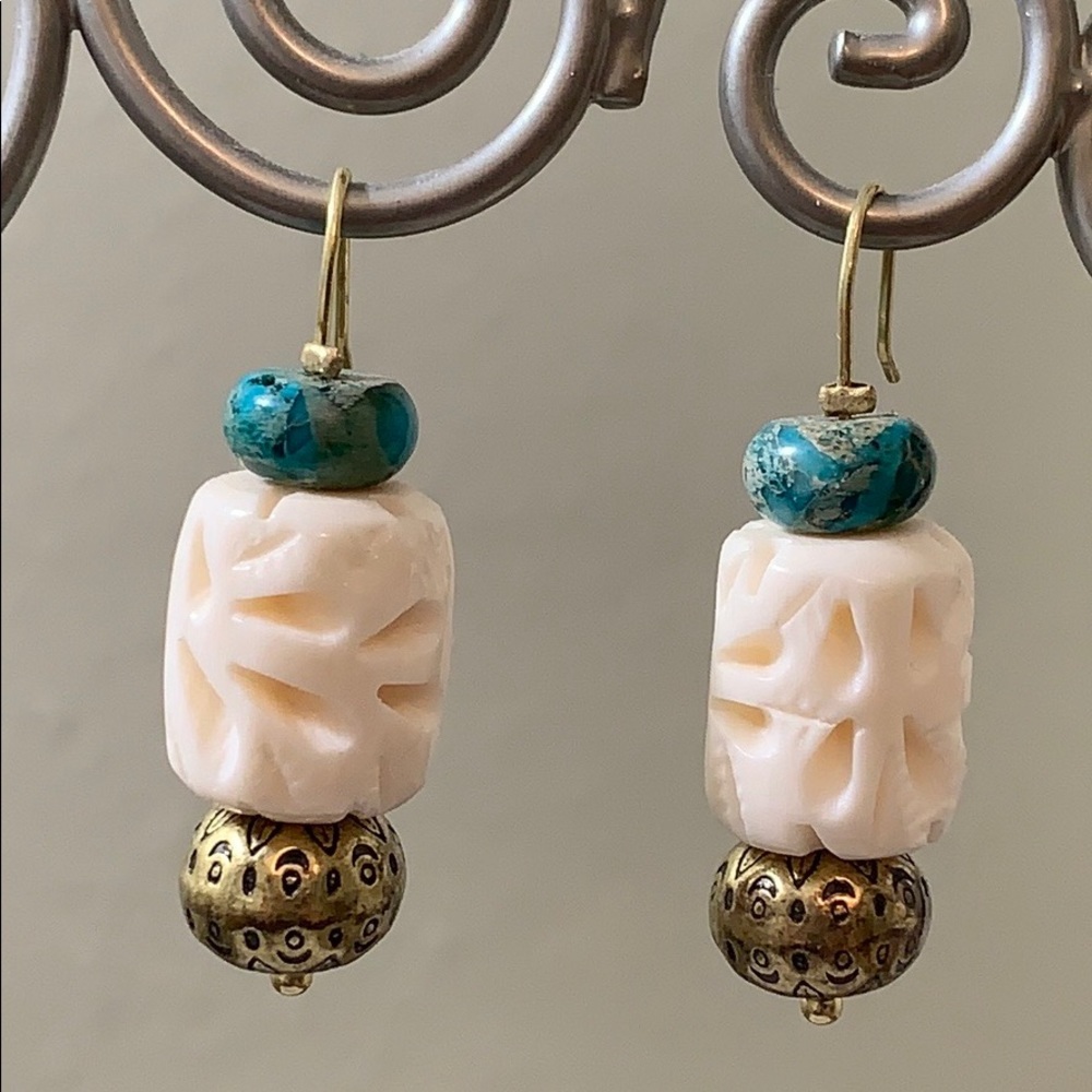 Artisan Blue Jasper Brass Carved Bone Earrings